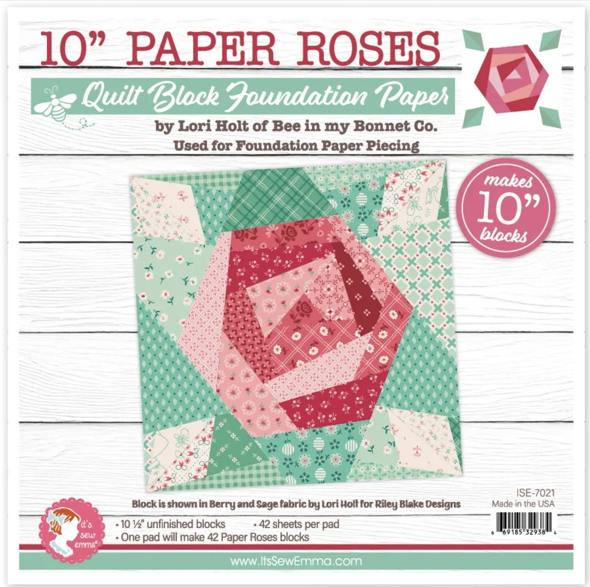 10" Quilt Block Foundation Paper – Paper Roses | Lori Holt | It’s Sew Emma | Paper Piecing | ISE‑7021