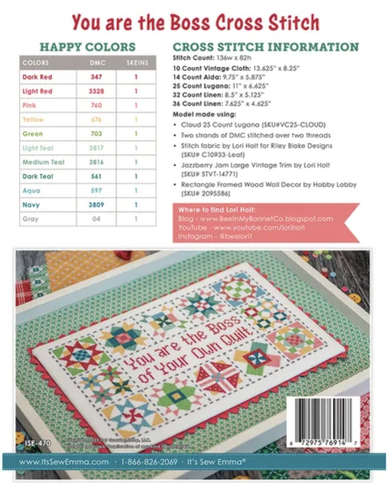 You Are the Boss Cross Stitch Pattern by Lori Holt for It's Sew Emma