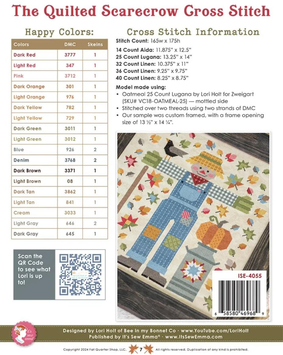 Quilted Scarecrow Cross Stitch Pattern  Fall Quilty Design  Printed Pattern