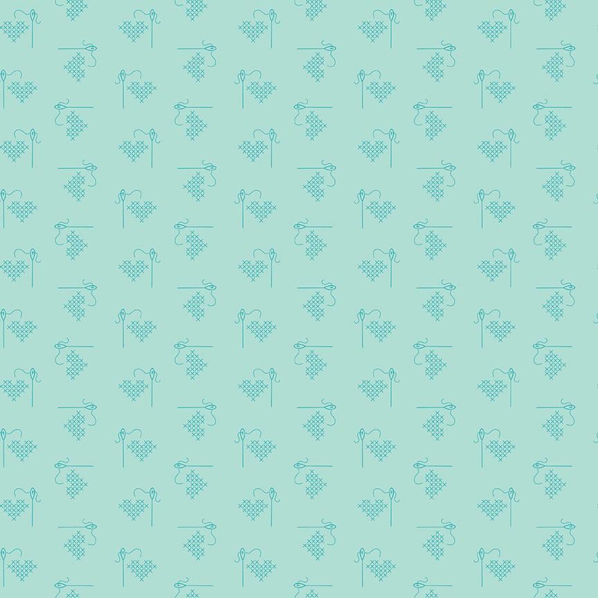 Bee Basics Heart Songbird  Lori Holt  Riley Blake Designs  Blue Cross Stitch Hearts Quilting Cotton  C6401SONGBIRD