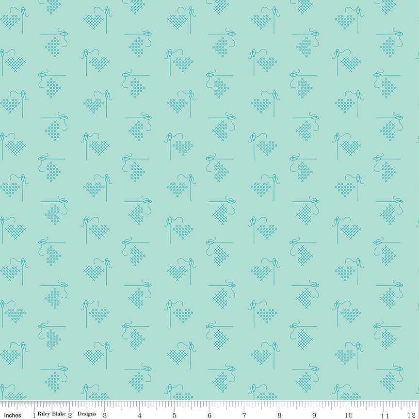 Bee Basics Heart Songbird  Lori Holt  Riley Blake Designs  Blue Cross Stitch Hearts Quilting Cotton  C6401SONGBIRD